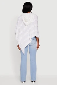 Womens Fringe Striped Hooded Poncho, White