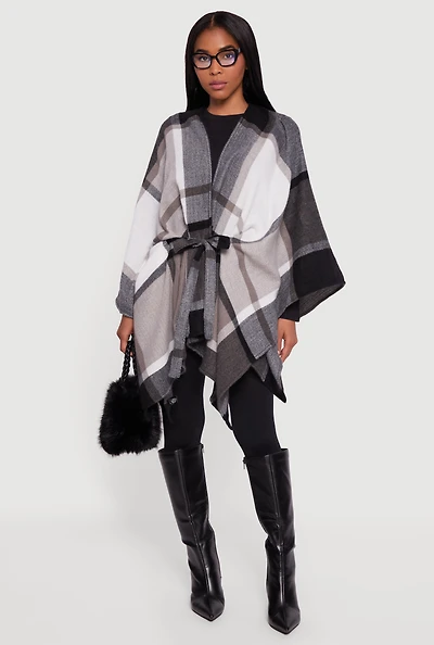 Plaid Brushed Knit Open Front Poncho with Tie Waist Belt