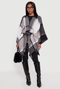 Plaid Brushed Knit Open Front Poncho with Tie Waist Belt
