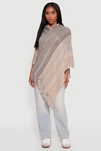 Marled Striped Fringe Hooded Poncho