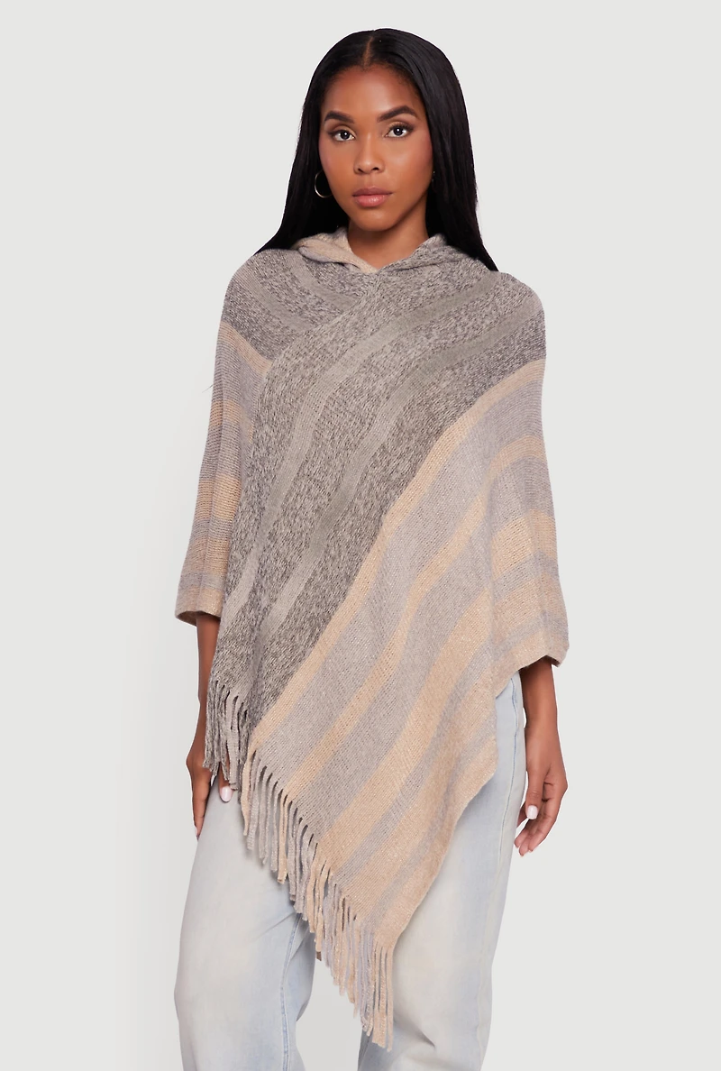 Womens Marled Striped Fringe Hooded Poncho, Multi