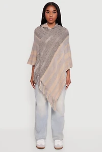 Womens Marled Striped Fringe Hooded Poncho, Multi