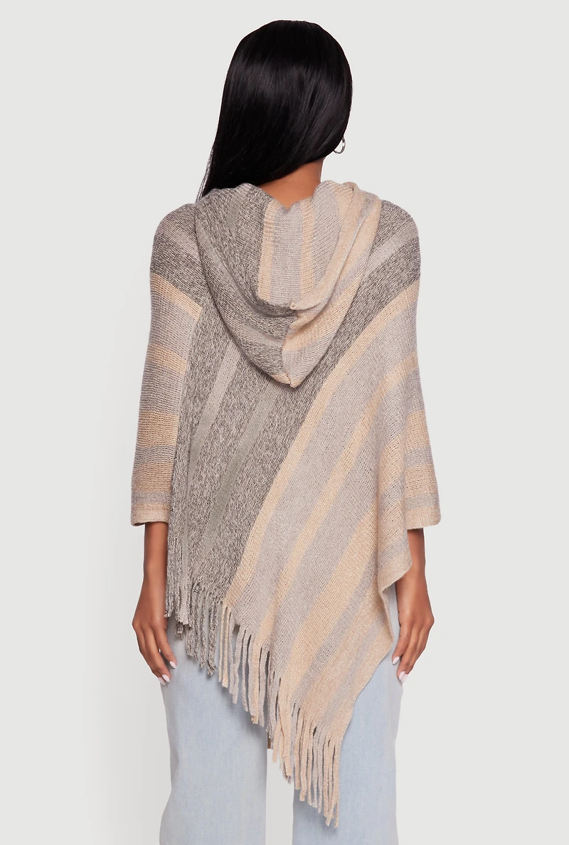 Marled Striped Fringe Hooded Poncho