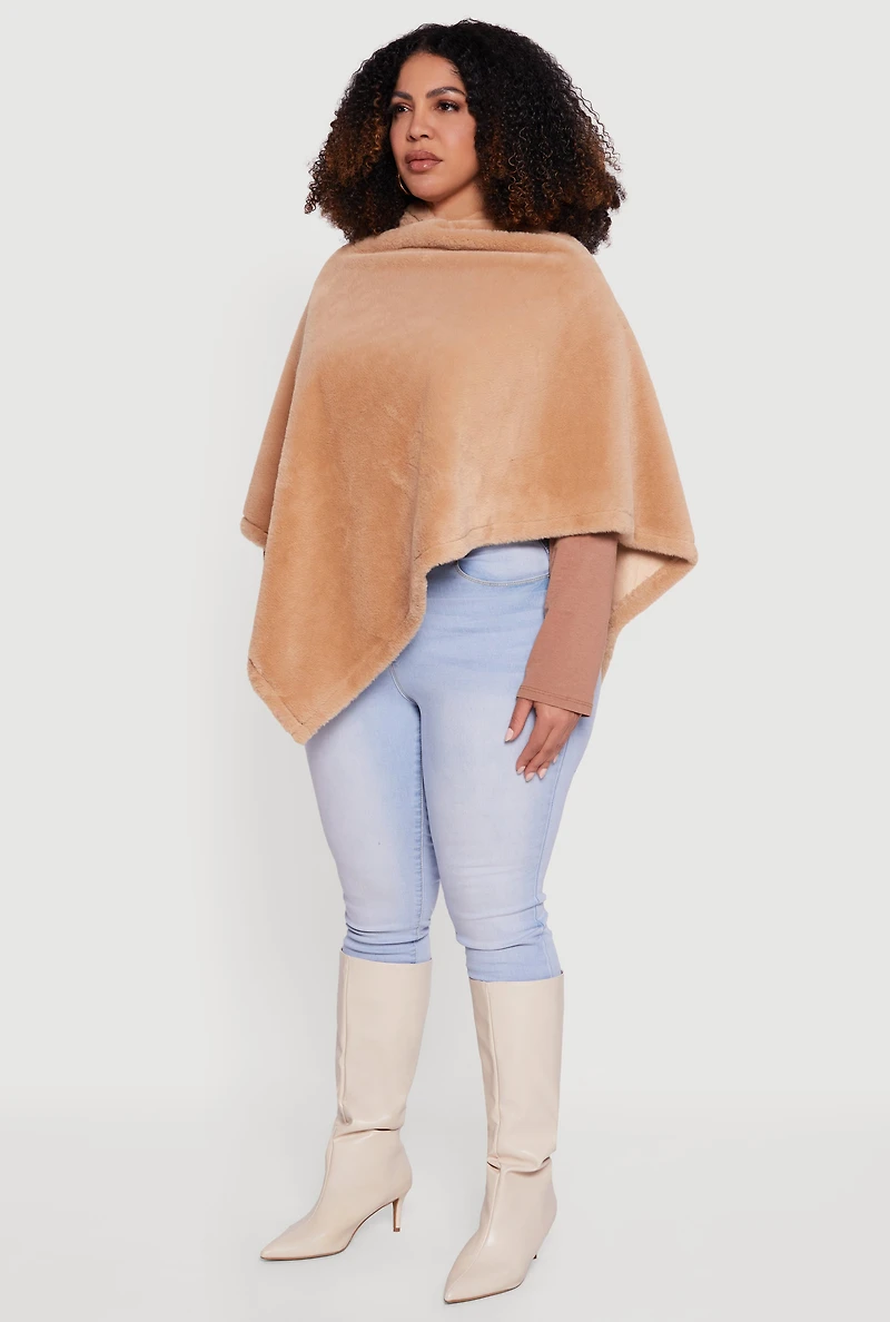 Solid Faux Fur Hooded Poncho