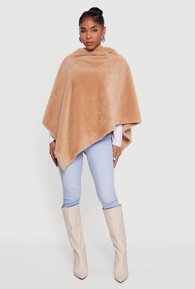 Solid Faux Fur Hooded Poncho