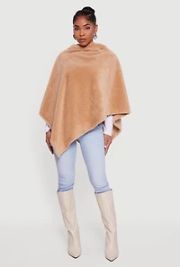 Solid Faux Fur Hooded Poncho