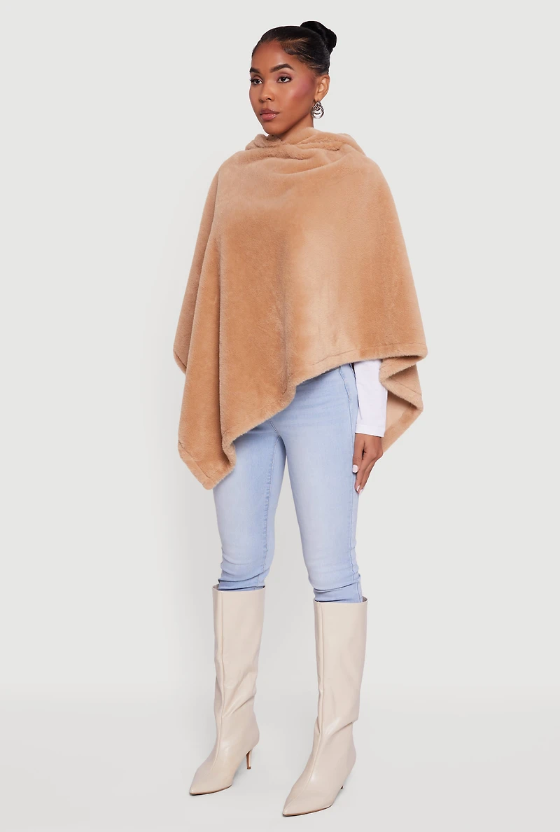 Solid Faux Fur Hooded Poncho