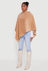 Solid Faux Fur Hooded Poncho