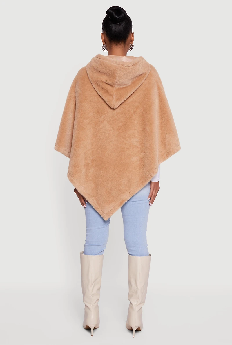 Solid Faux Fur Hooded Poncho