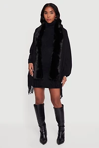 Faux Fur Trim Open Front Fringe Poncho