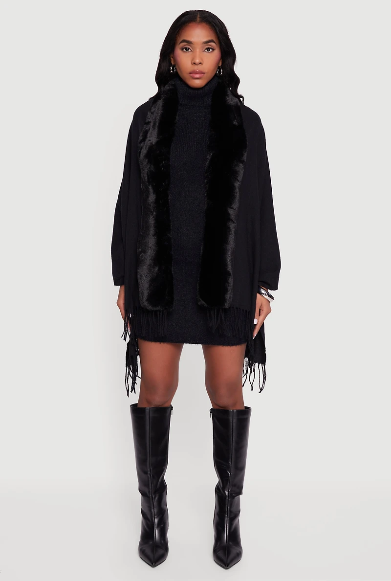 Faux Fur Trim Open Front Fringe Poncho