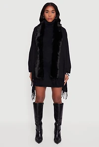 Faux Fur Trim Open Front Fringe Poncho