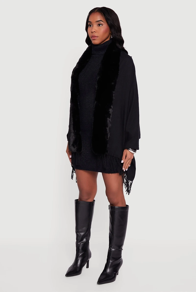 Faux Fur Trim Open Front Fringe Poncho