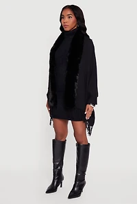 Faux Fur Trim Open Front Fringe Poncho