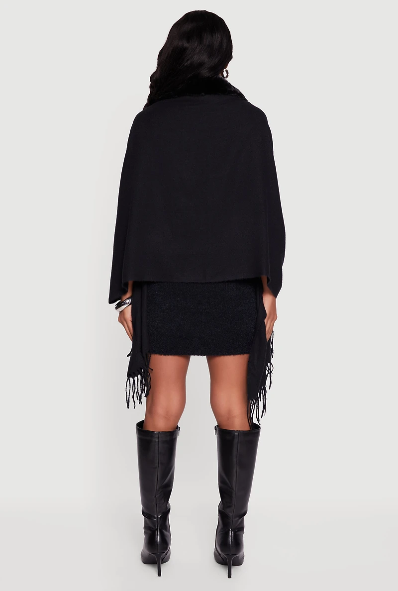 Faux Fur Trim Open Front Fringe Poncho