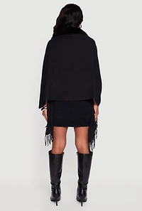 Faux Fur Trim Open Front Fringe Poncho