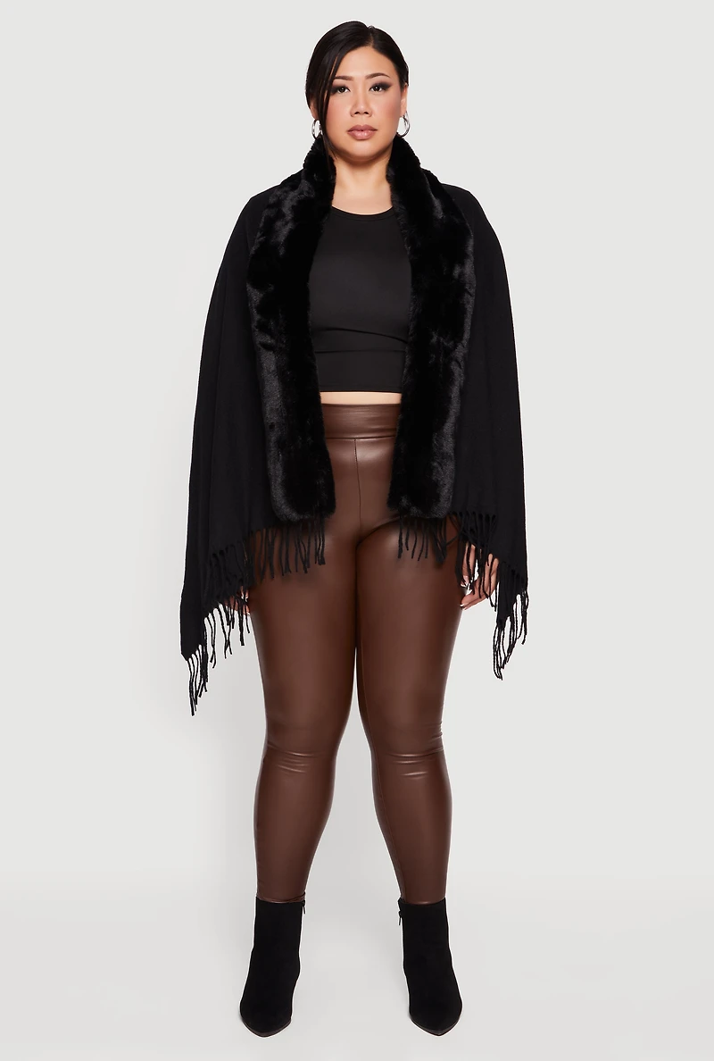 Faux Fur Trim Open Front Fringe Poncho