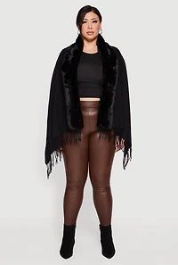Faux Fur Trim Open Front Fringe Poncho