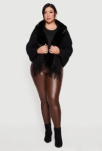 Faux Fur Trim Open Front Fringe Poncho