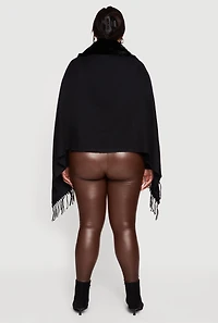 Faux Fur Trim Open Front Fringe Poncho