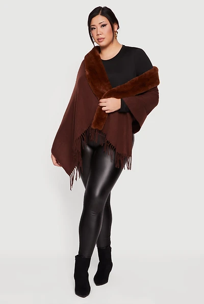 Faux Fur Trim Open Front Fringe Poncho