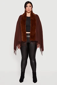Faux Fur Trim Open Front Fringe Poncho