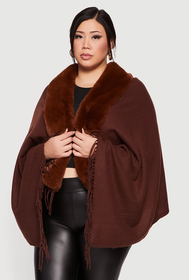 Faux Fur Trim Open Front Fringe Poncho