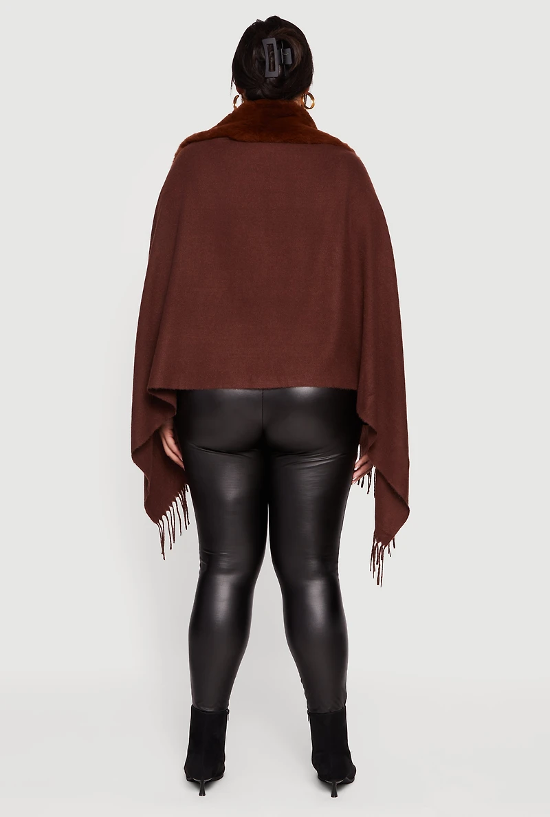 Faux Fur Trim Open Front Fringe Poncho