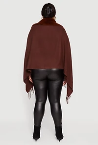 Faux Fur Trim Open Front Fringe Poncho
