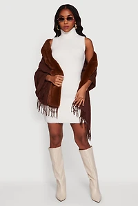Faux Fur Trim Open Front Fringe Poncho