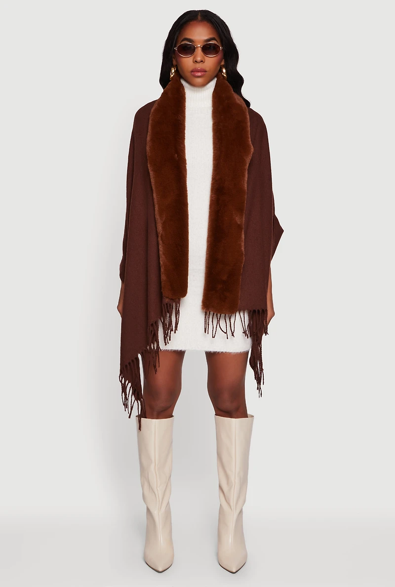 Faux Fur Trim Open Front Fringe Poncho