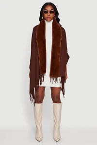 Faux Fur Trim Open Front Fringe Poncho