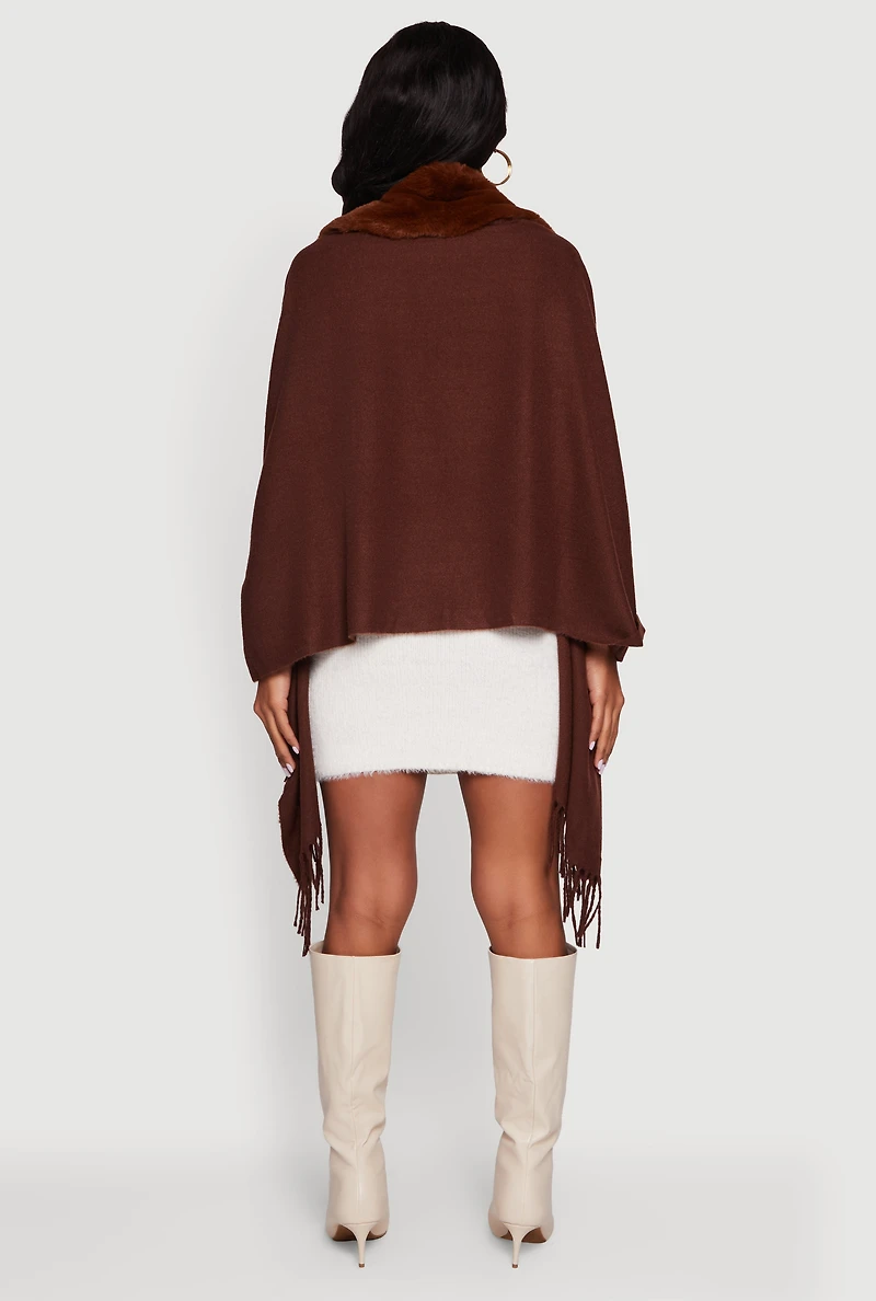 Faux Fur Trim Open Front Fringe Poncho