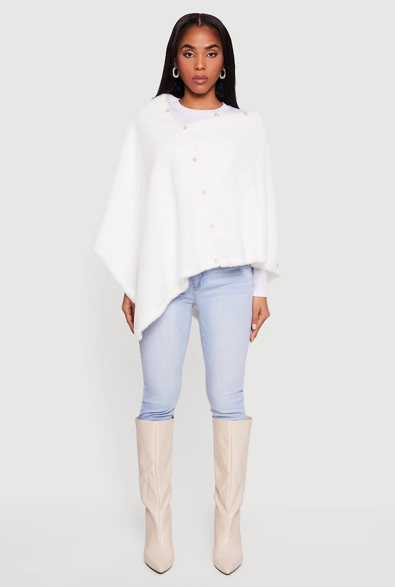 Faux Pearl Detail Faux Fur Poncho