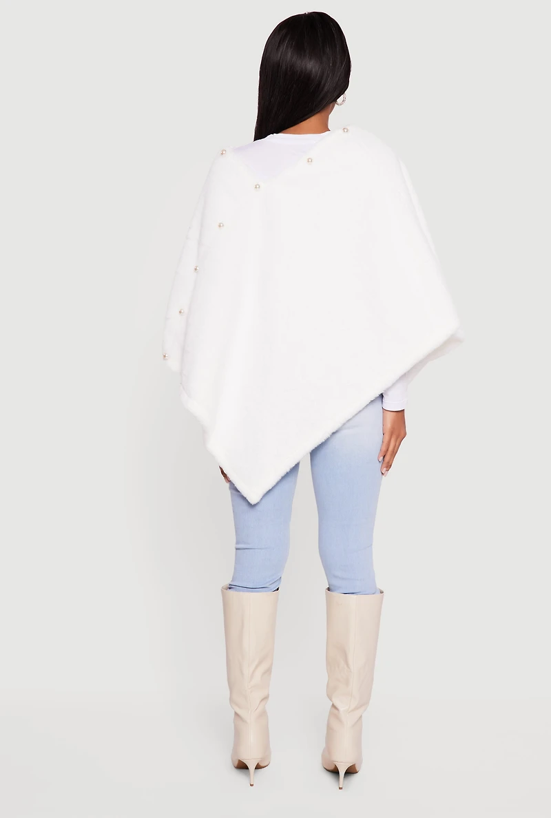 Faux Pearl Detail Faux Fur Poncho