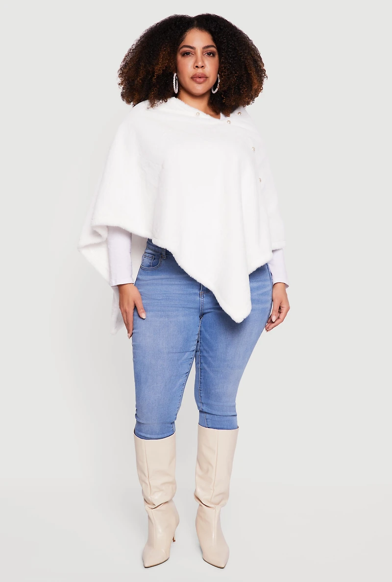 Faux Pearl Detail Faux Fur Poncho