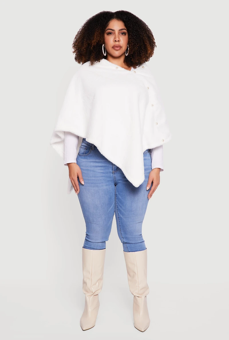 Faux Pearl Detail Faux Fur Poncho