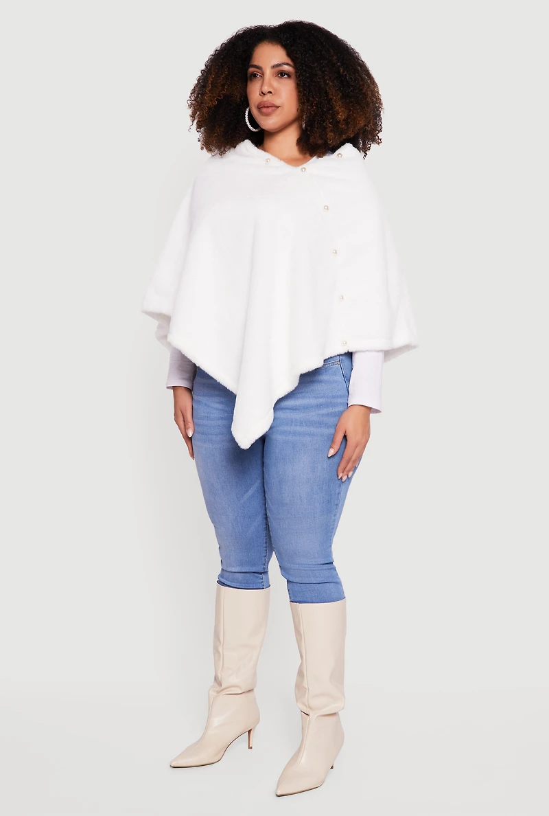 Faux Pearl Detail Faux Fur Poncho