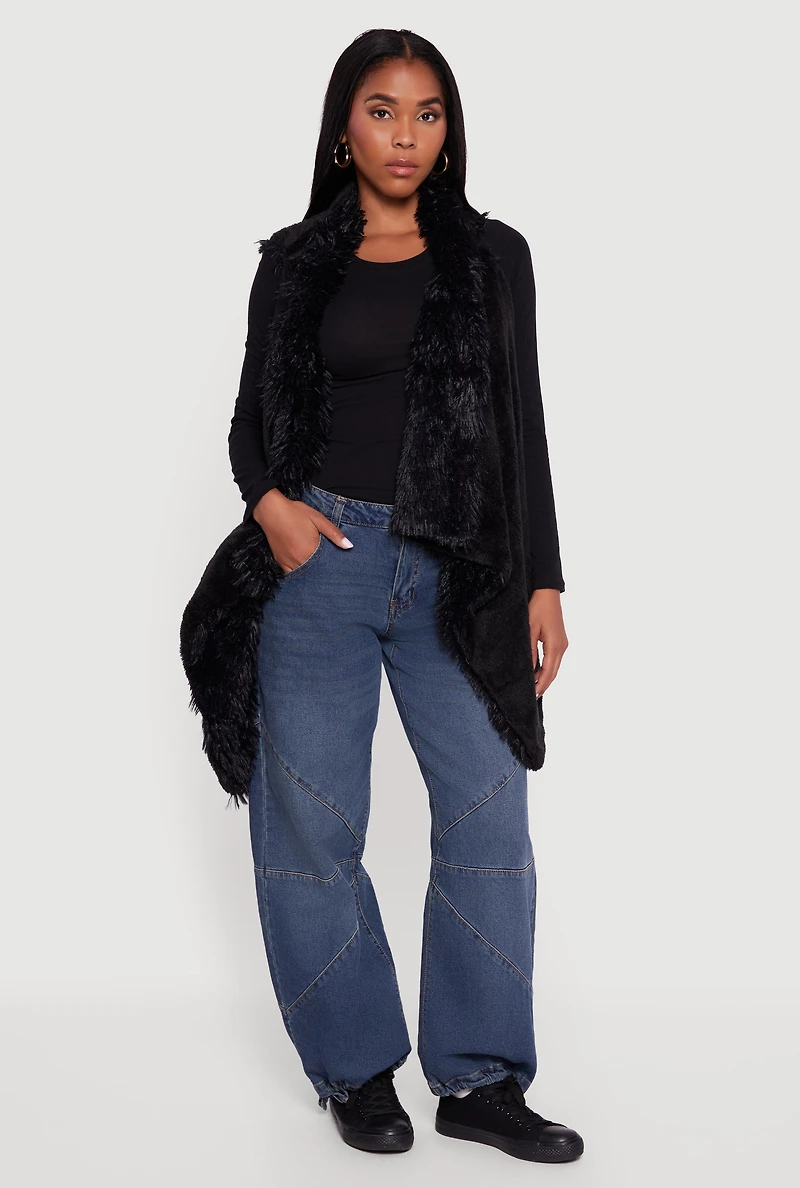 Womens Faux Fur Lined Reversible Shaggy Vest, Black