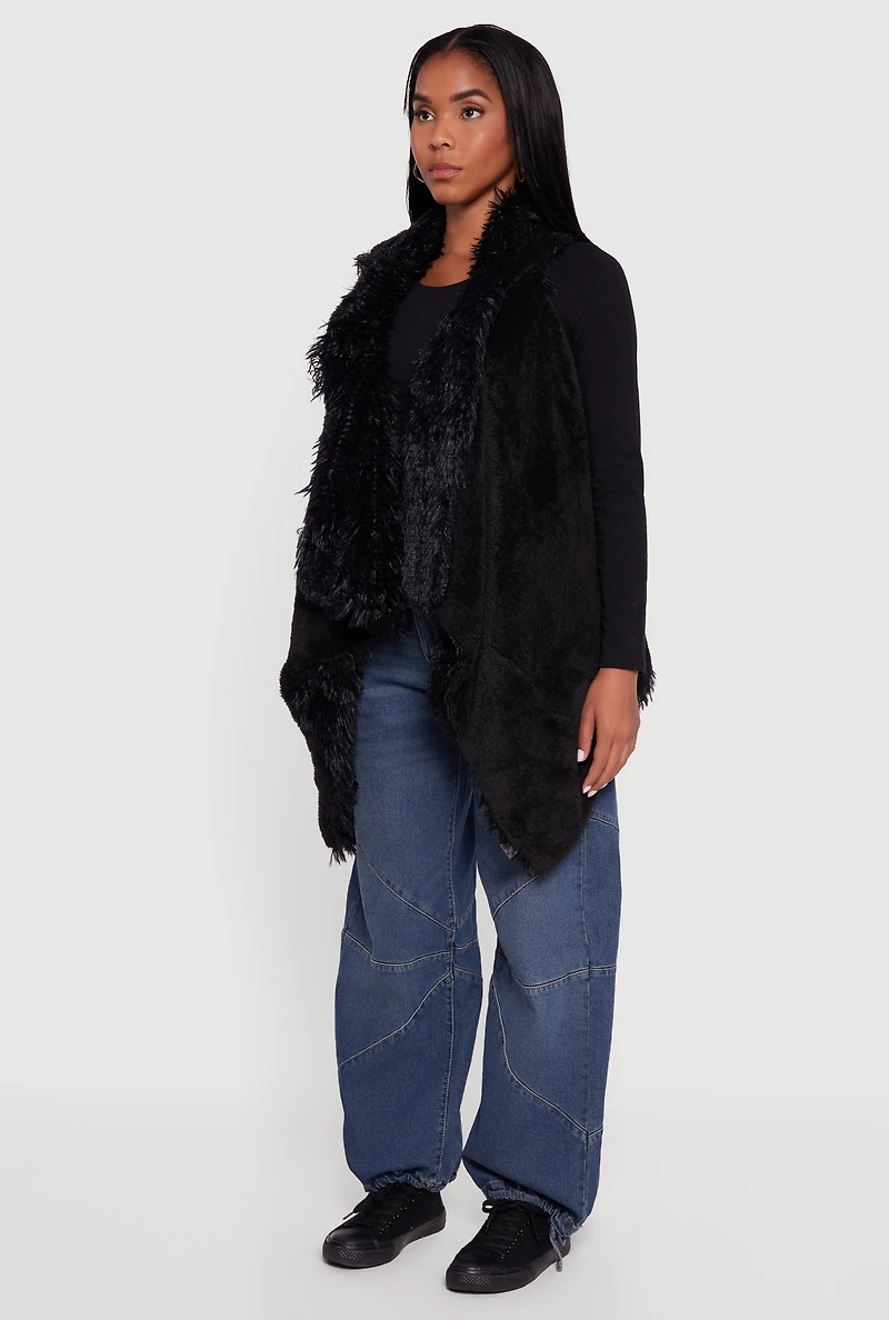 Womens Faux Fur Lined Reversible Shaggy Vest, Black