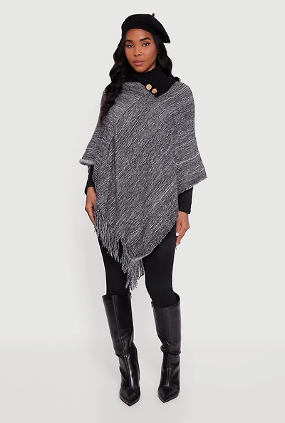 Eyelash Knit Fringe Collared Poncho