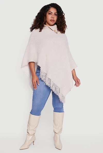 Eyelash Knit Fringe Collared Poncho