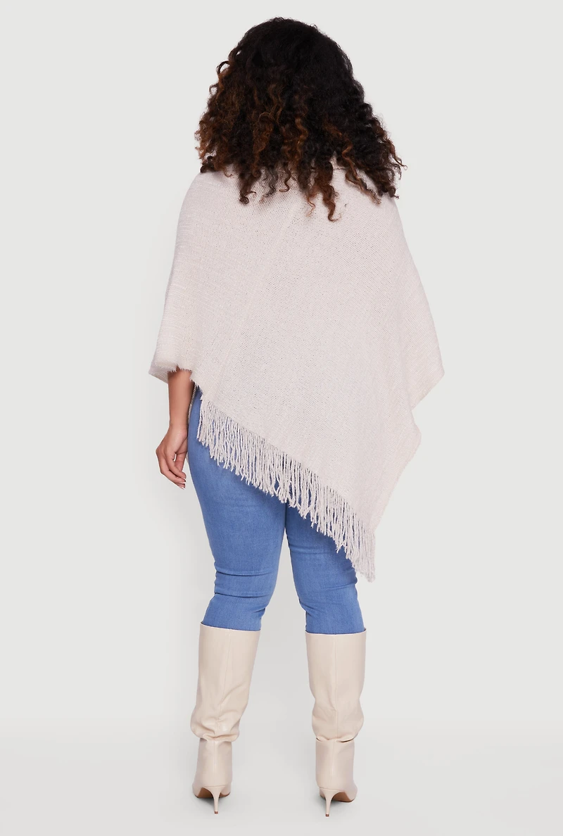 Eyelash Knit Fringe Collared Poncho