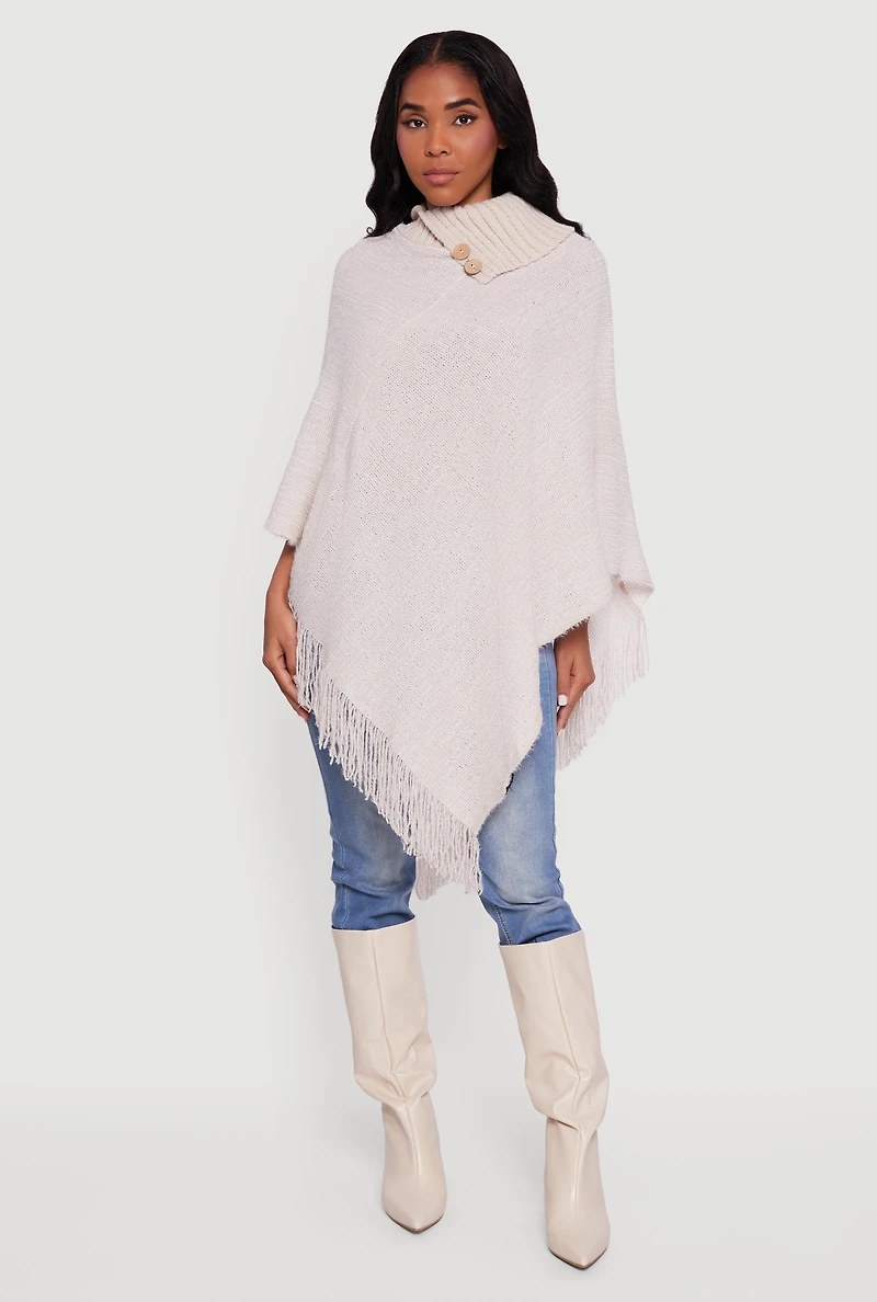 Eyelash Knit Fringe Collared Poncho