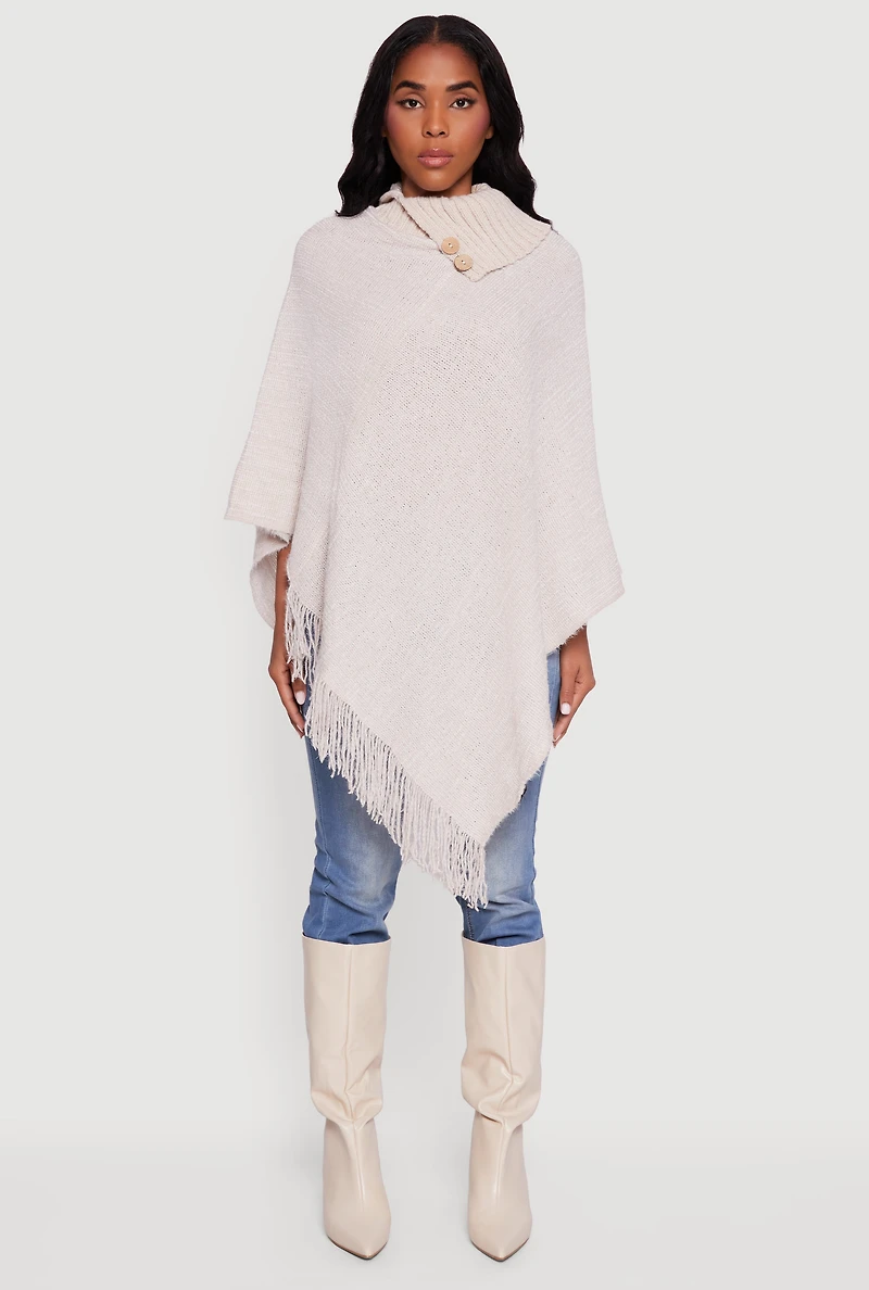 Eyelash Knit Fringe Collared Poncho