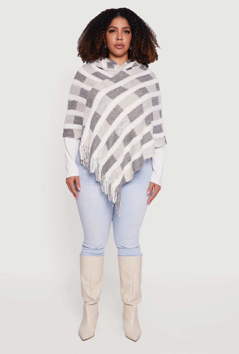 Womens Hooded Fringe Hem Knit Poncho, Grey