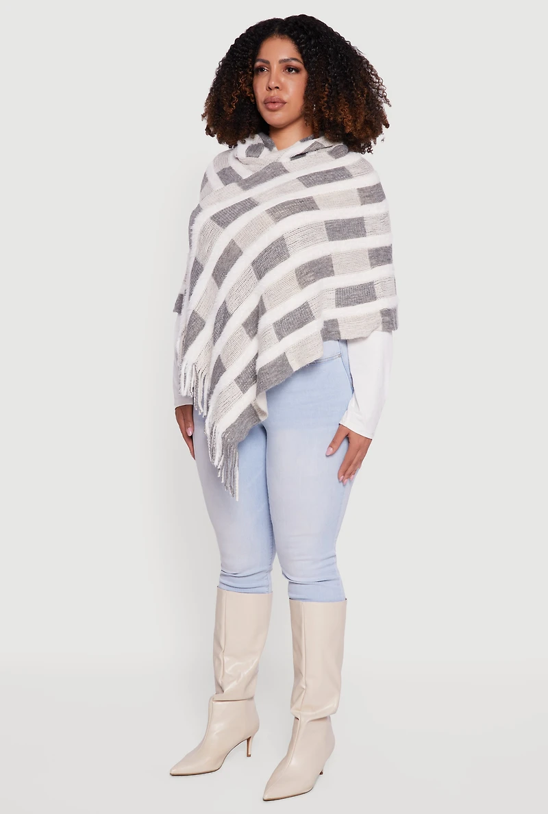 Womens Hooded Fringe Hem Knit Poncho, Grey