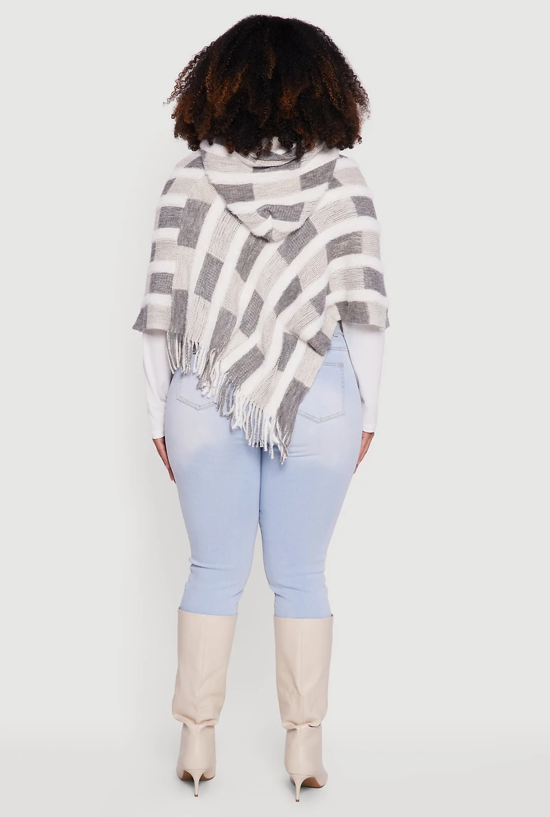 Womens Hooded Fringe Hem Knit Poncho, Grey