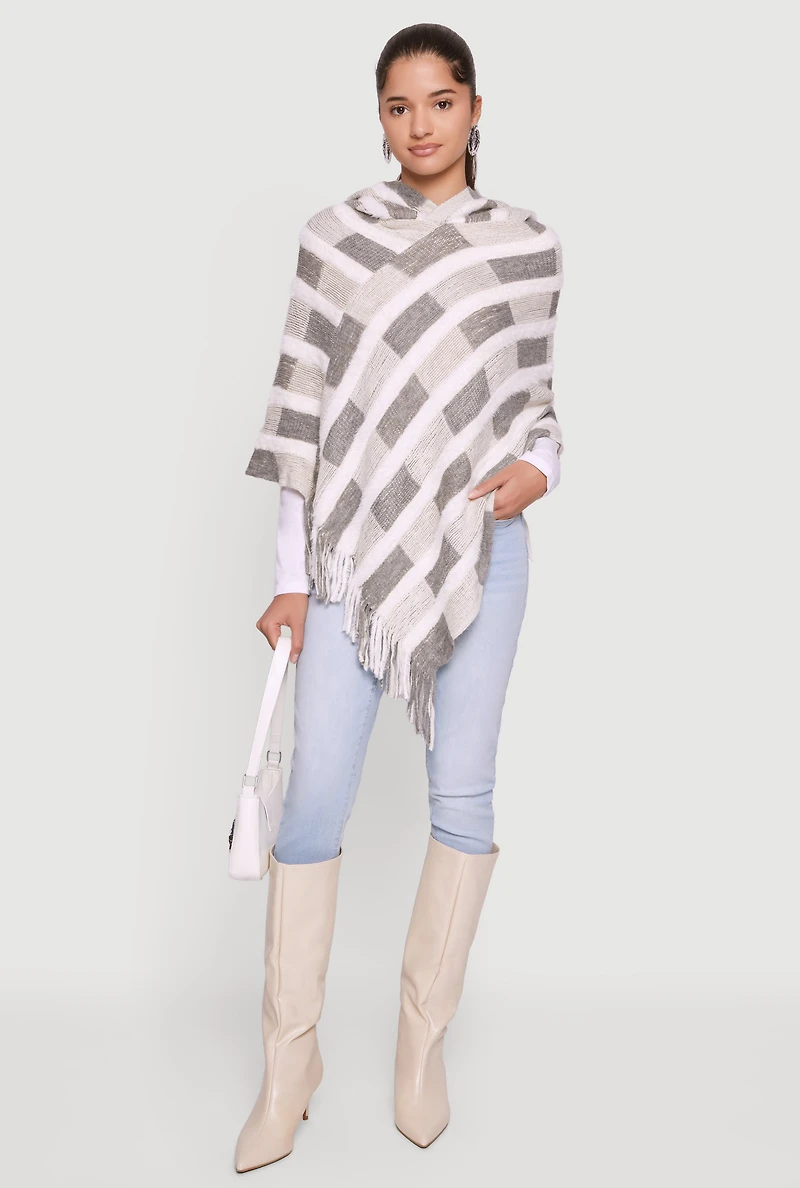 Womens Hooded Fringe Hem Knit Poncho, Grey