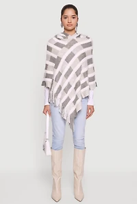 Womens Hooded Fringe Hem Knit Poncho, Grey